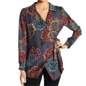 Emelia Floral Cottage Core Wrap Long Sleeve Blouse Sz Large Lightweight